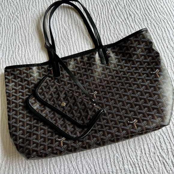 Goyard Handbags - Inspired Goyard Brown and Black Chevron-Patterned Tote with Pouch